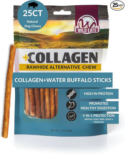 Wild Eats Water Buffalo Collagen Sticks for Dogs (25 Pack, 0.6 cm Wide) Long Lasting Dog Chews, No Hide Dog Treat Bully Stick Alternative, Rawhide Free, Grain Free, High Protein