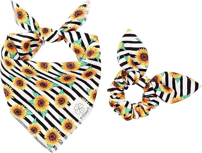 E-Clover Dog Bandanas & Matching Scrunchie Set Sunflower Dog Bandana Scarf Bibs for Medium Large Dogs Girl Pet Owner Birthday Gift Stripe