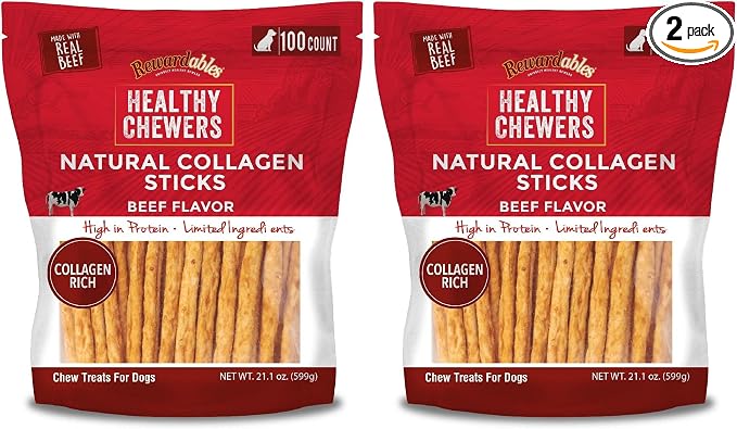Rewardables, Healthy Chewers, Natural Collagen and Beef Sticks for Dogs, High Protein and Limited Ingredient Dog Chews, 100 Count (Pack of 2)
