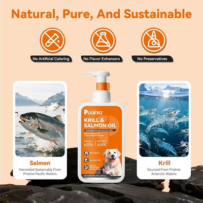 PUAINTA Omega 3 Fish Oil for Dogs & Cats, Wild Icelandic Salmon Oil & Antarctic Krill Oil, EPA DHA Omega 3 Supplement for Skin & Coat Health, Immune Support (8 Fl Oz (Pack of 1))