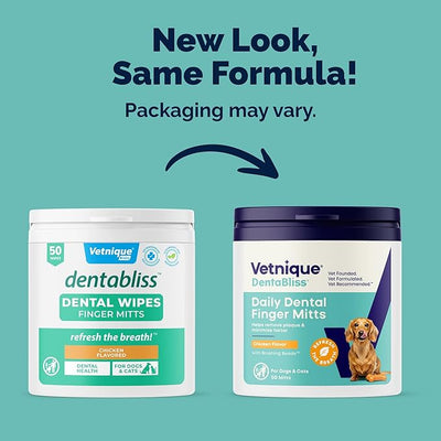 Vetnique Dentabliss Cat & Dog Teeth Cleaning Dental Wipes, Dog Toothbrush Alternative Fingermitt Pet Wipes, Tartar & Breath Freshener, Vet Formulated Pet Dental Care, 50ct (Chicken Flavored)