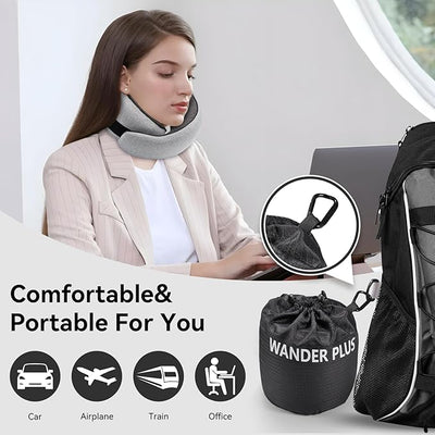 WANDER+ Plus® Travel Pillow, 100% Pure Memory Foam Travel Neck Pillow Airplane Neck Support Ergonomic Design Best for Sleeping Plane Car Train Office Flight for Adults Ash Grey