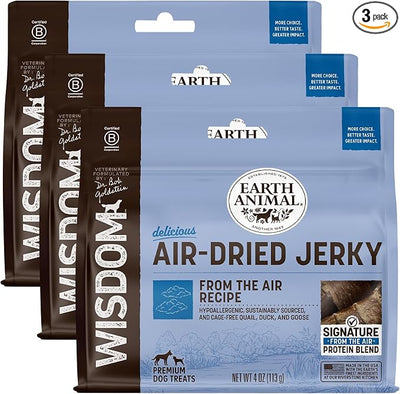 Earth Animal Wisdom Air Dried Jerky - from the Air Recipe Premium Natural Jerky Strips Dog Treats - 3 Pack 4 oz Bag