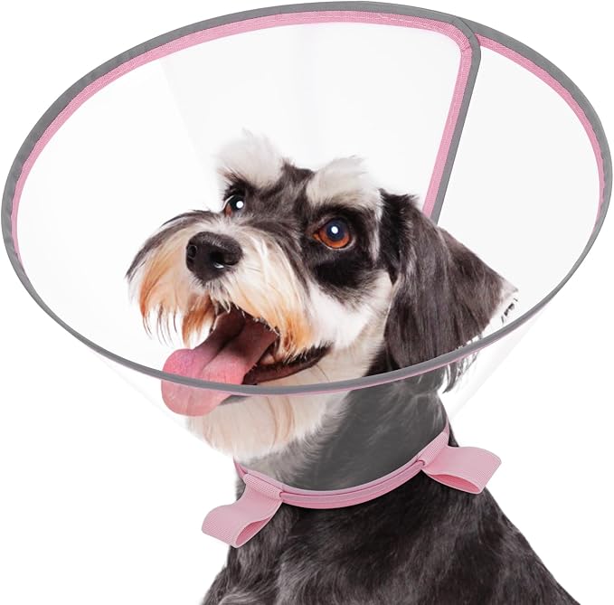 Clear Dog Cone for Small Dogs After Surgery, Adjustable E-Collar to Stop Licking with Padded Neck for Shih Tzu, Yorkie, Soft Recovery Collar with Reflective Trim for Night Visibility, Pink XS