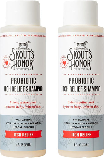 Skout's Honor Probiotic Itch Relief Shampoo for Pets - Non-Medicated, Fragrance-Free, Paraben & Sulfate-Free, with Avocado Oil & Omega 3's, 8oz, 2-Pack