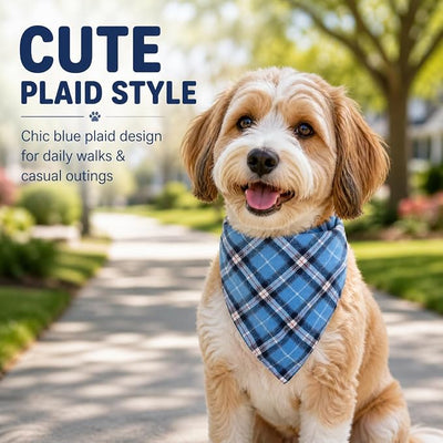 Dog Bandana Large- Blue Black Dog Plaid Adjustable Handkerchief for Medium Large Dogs (L)
