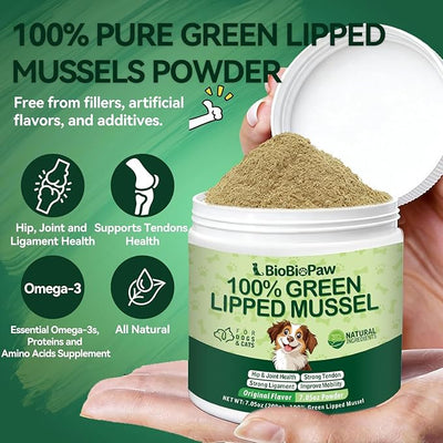 Pure Green Lipped Mussel Powder for Dogs & Cats 100% New Zealand Sourced Supports Hip & Joint Flexibility, Mobility, Tendons & Muscle Strength 200 Grams Made in USA