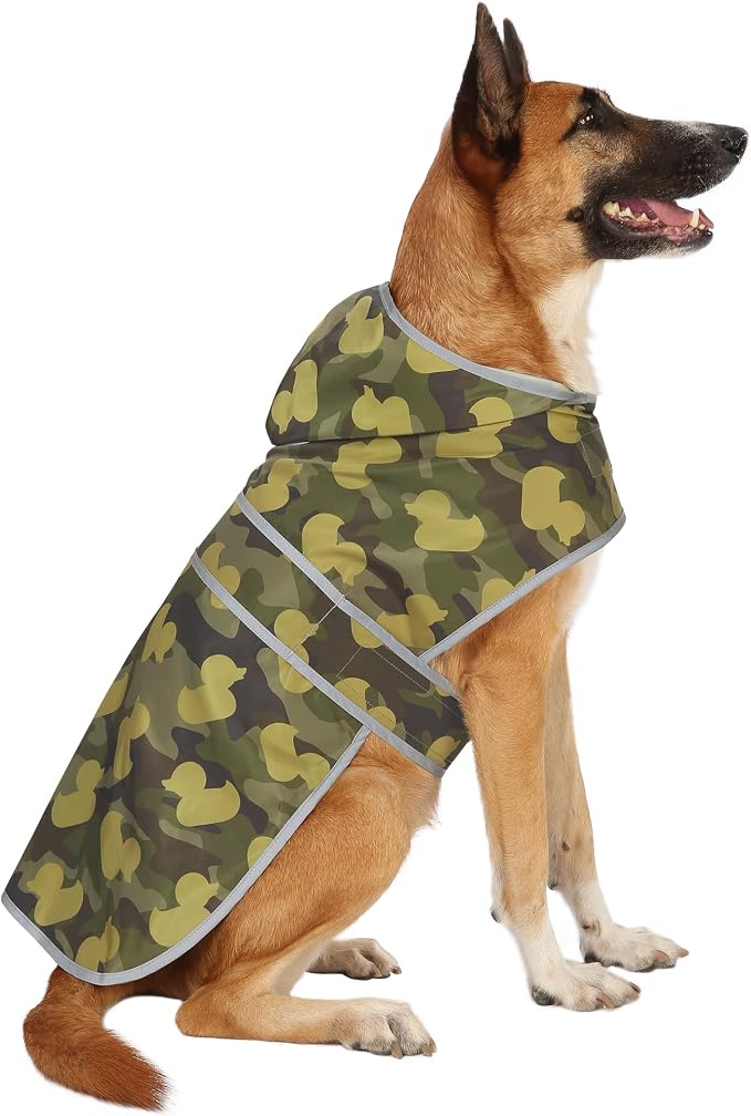 Dog Raincoat for Large Dogs Waterproof Jacket Hooded Rain Coats with Reflective Strips Leash Hole & Poncho Adjustable Fit (CamoDuck,XL)