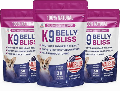 Pup Labs K9 Belly Bliss, All-Natural Gut Health for Dogs, Vet Approved Prebiotic for Dogs for Daily Digestive Support & Dog Constipation Relief, Topper for Dry & Wet Food, 3 Pack with 30 Scoops Each.