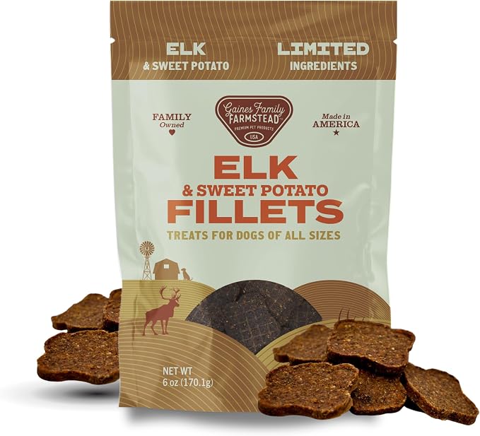 Gaines Family Farmstead Elk & Sweet Potato Fillets for Dogs – 6 oz Natural, High-Protein, Grain-Free, Limited Ingredient Soft Chews for Gut Health and Sensitive Stomachs, Made in USA
