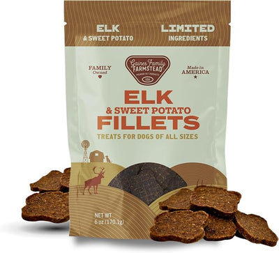 Gaines Family Farmstead Elk & Sweet Potato Fillets for Dogs – 6 oz Natural, High-Protein, Grain-Free, Limited Ingredient Soft Chews for Gut Health and Sensitive Stomachs, Made in USA