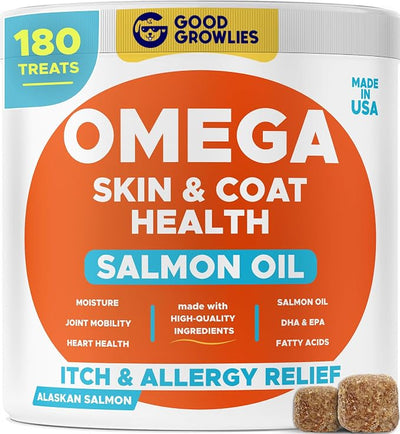 Omega 3 Fish Oil for Dogs (180Ct) - Skin&Coat Chews - Dry & Itchy Skin Relief + Allergy Support - Shiny Coat - EPA&DHA Fatty Acids - Alaskan Salmon Oil Chews Promotes Heart