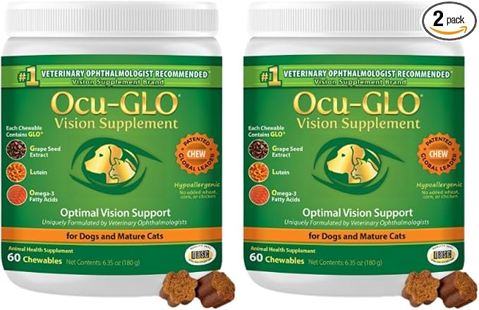 Ocu-GLO Cat & Dog Supplement for Eye Support - Chewable Vision Vitamins Supplements for Large and Small Pets Care with Lutein, Omega-3 Fatty Acids, Grape Seed Extract & Antioxidants (Pack of 2)
