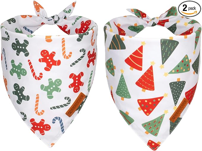 ADOGGYGO Christmas Dog Bandanas, Xmas Tree Candy Scarf, Premium Durable Fabric, White Christmas Bandanas for Medium Large Dogs Pets (Large)