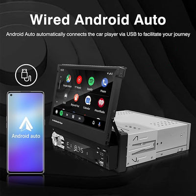 Single Din Carplay Android-Auto-Car-Radio 7-inch Flip Out Touchscreen | Type-C&USB Bluetooth Backup Camera FM/RDS MP5 Player 【Manual screen】