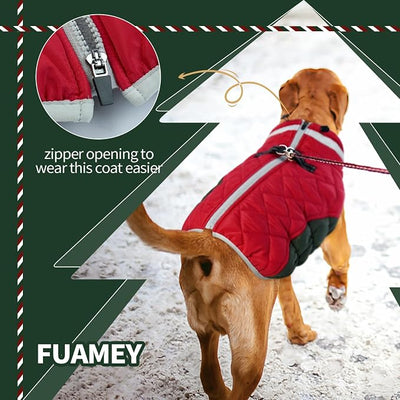 FUAMEY Dog Coat for Medium Dogs,Waterproof Dog Winter Jacket with Harness Built in Puppy Cold Weather Coats Reflective Pet Vest with Zipper Warm Fleece Dogs Snowsuit Windproof M