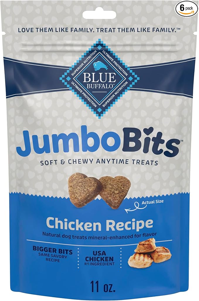 Blue Buffalo Jumbo Bits, Soft & Chewy Anytime Treats, Chicken Recipe, Natural Dog Treats Mineral Enhanced for Flavor, 11 oz. Bag (Pack of 6)