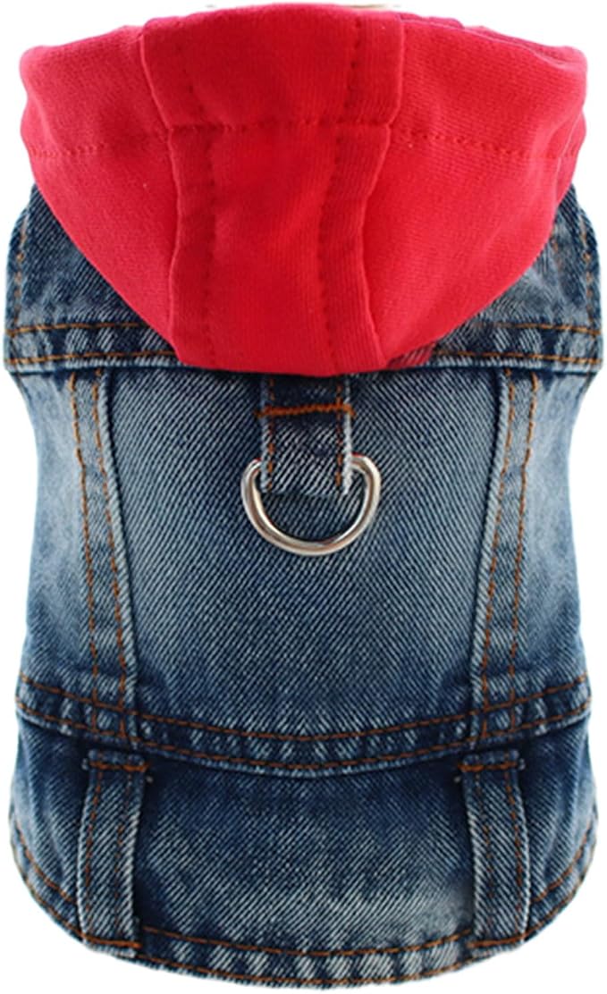 Cool Dog Jean Jacket Vest with D-Ring Blue Denim Dogs Hoodies Outfits for Small Medium Dogs Cats Boy Male Dog Clothes Costume Dogggie Puppy Harness Coat for Frenchie Walking(Red Hat,S)