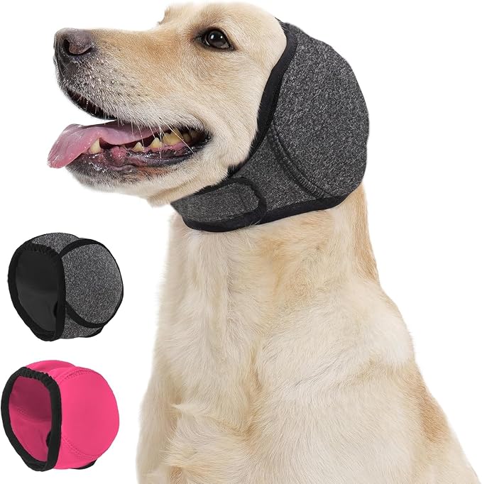 Dog Calming Hoodie Quiet Ear Cover for Noise Protection Anxiety Relief Ear Muffs, No Shake Ear Wraps for Dogs, Swim Cap Bath Blow Drying Headband Wraps for Ear Hematoma Groom Fireworks (L,Greyd)