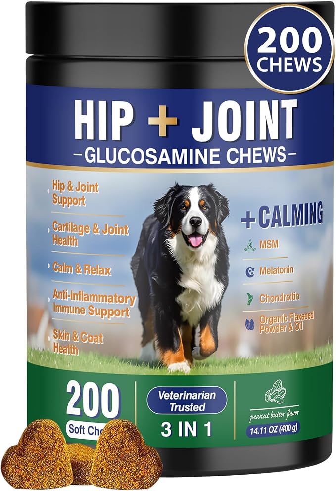 Hip and Joint Supplement for Dogs 200 Dog Calming Chews with Glucosamine, Chondroitin, Msm, Omega3, Melatonin for Senior Dogs Anxiety Pain Relief Anti Inflammatory Small/Medium/Large Dog-Peanut Butter