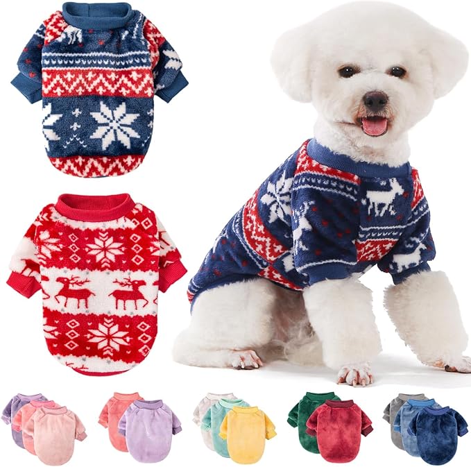 FabriCastle Christmas Dog Sweater, 2-Pack Dog Clothes XXS XS, Ultra Soft and Warm Pet Jackets for Small Dogs & Cats, Winter Pet Apparel Costumes, Puppy Outfits (Red,Blue, X-Small)