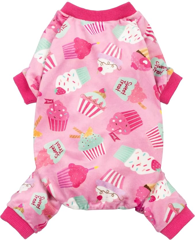 Fitwarm Cupcake Dog Pajamas, Birthday Outfit for Small Dogs Girl, Cozy Pet Onesie with Feet, Pink, XS