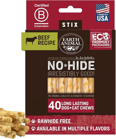 Earth Animal No Hide Stix - Long Lasting Rawhide Free Small Dog Chews Sticks, Beef - 40 Count Extra Value Pack