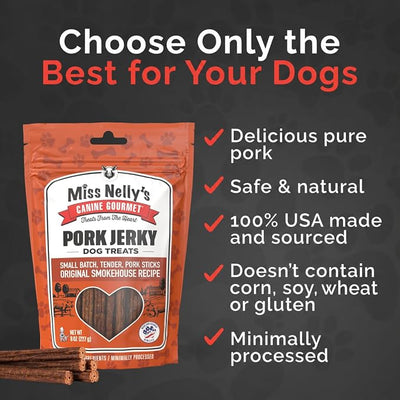Miss Nelly's- All Natural Pork Jerky Dog Treats Made in USA Only-Original Smoke House Recipe-Minimally Processed Soft Sticks Dog Jerky Treats-8 oz. Bags