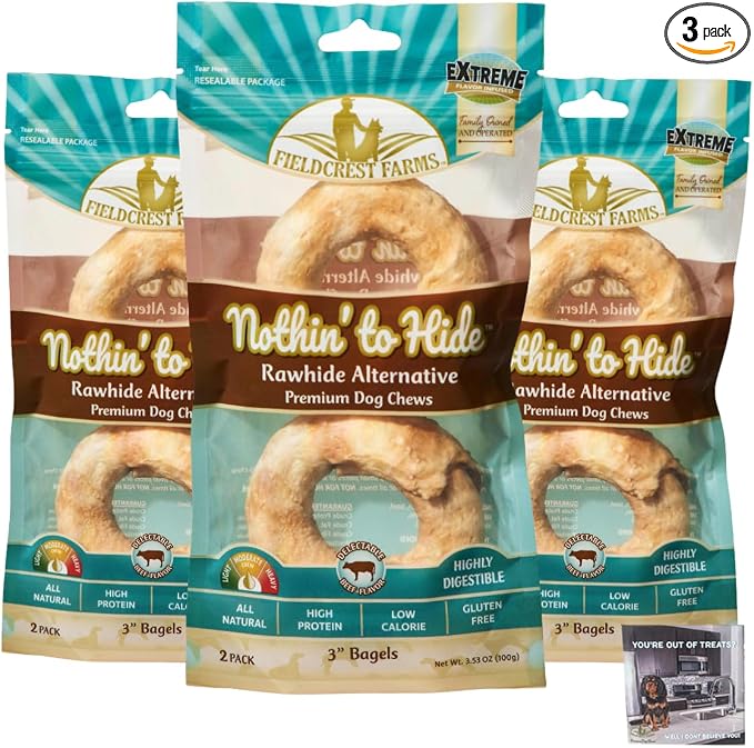 Fieldcrest Farms Nothing to Hide Natural Rawhide Alternative Beef Bagels for Dogs - 3 Pack (6 Total Bagels) Premium Easily Digestible Chews Great for Dental Health Magnet