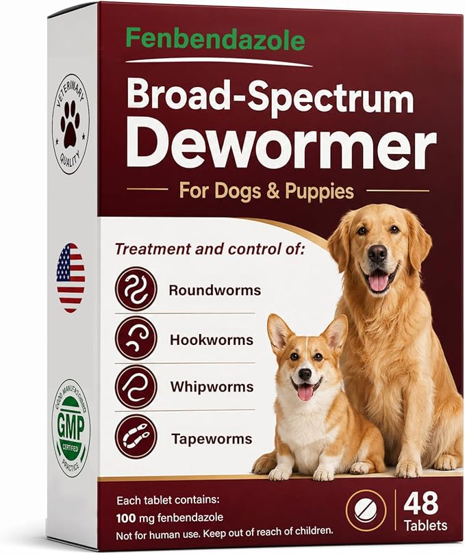 Dog Dewormer for Dogs & Puppies, Fenbendazole All Wormers Tablets for Tapeworms, Roundworms, Hookworms & Whipworms, 48 Count