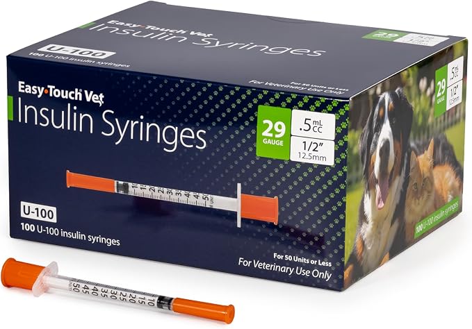 Easy Touch U-100 Pet Insulin Syringes for Dogs & Cats – 29G 0.5cc 1/2" Needle, Half-Unit Markings for Precise Dosing, Compatible with U-100 Insulin, Box of 100