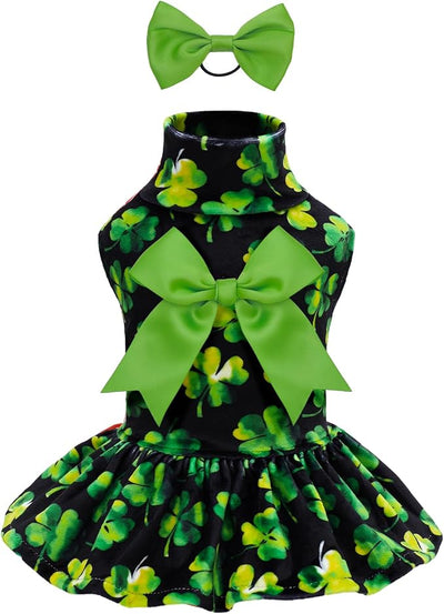CuteBone Turtleneck Dog Velvet Dress St. Patrick's Day Four Leaf Clover Puppy Skirt Costume Pet Clothes Cat Apparel with Bow Hair Rope for Small Dogs CVD20S