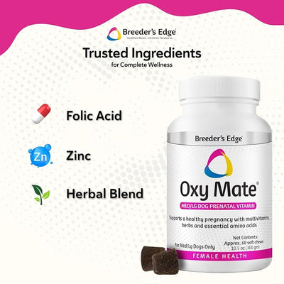 Breeder's Edge Oxy Mate Dog Prenatal Vitamins, Comprehensive Supplement for Pregnant Dogs and Cats Enriched with Essential Nutrients for Healthy Moms & Litters, Soft Chews - 120ct Medium & Large Dog