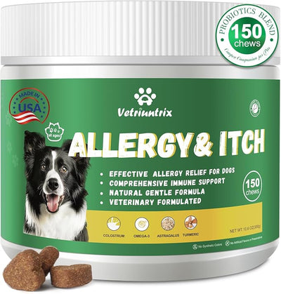 Dog Allergy Chews, Dog Itch Relief Chews for Paw Licking Itchy Skin, Probiotics with Omega-3 Turmeric Astragalus for Large Dogs Coat Immune Supplement-150ct