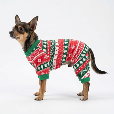 Fitwarm Dog Christmas Outfit, Holiday Pet Clothes for Small Dogs Boy Girl, Festive Pajamas with Feet, Puppy Onesie, Red, Green, XXL