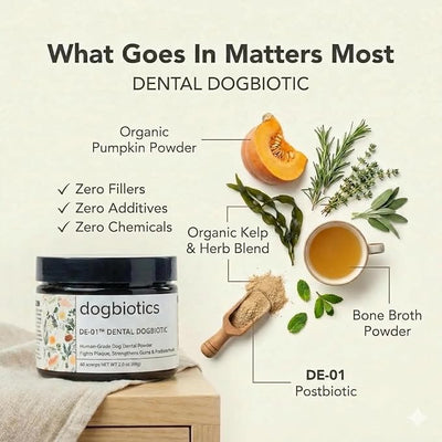 Dogbiotics DE-01 Dental Powder for Dogs – Human-Grade Oral Postbiotic, Helps Fight Plaque & Tartar, Supports Gum Health & Fresh Breath – 120 Scoops (2-Pack)