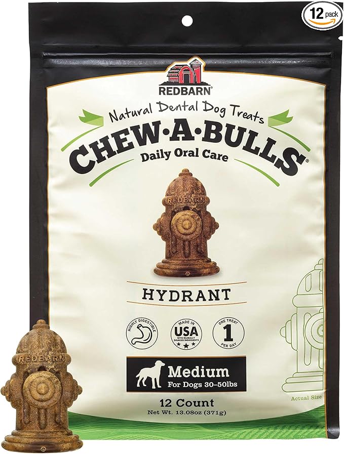 Redbarn Chew-A-Bulls, 12 Pack – Medium Hydrant Shape Dog Dental Treats – Daily Oral Care with Fun Ridges & Grooves, All Natural Ingredients, Highly Digestible Chews & Low in Fat
