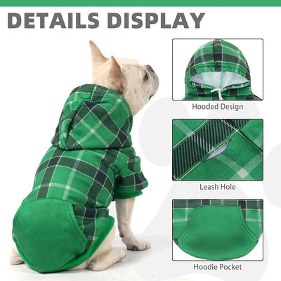 KOOLTAIL Plaid Dog Hoodie for Small Medium Large Dogs - Pet Clothes Sweater with Hat and Pocket for Cold Weather Winter, Warm Soft Dog Hooded Sweatshirt Coat Outfit for Puppy Cats Girls Boys Green SM