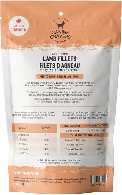 Canine Cravers Single Ingredient Dog Treats – Premium Lamb Fillets - Human Grade Air Dried Hypoallergenic Pet Food – Grain, Gluten, and Soy Free – 100% All Natural – 5.3 oz