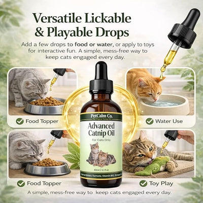 Advanced Catnip Oil for Cats - Lickable & Playable Formula to Promote Calm Behavior and Relaxation - Potent Liquid Extract for Food, Toys & Training - 2 fl oz,60ml