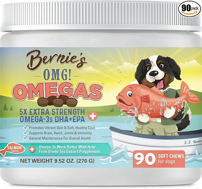 Bernie's OMG! Omegas Chews for Dogs - 5X Extra Strength DHA+EPA, Fish Oil, Healthy Skin & Coat, Allergy Relief, Joint Supplement (Salmon Flavor)