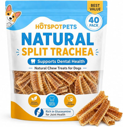 hotspot pets Premium Beef Trachea for Dogs 6" Strips Split - (40 Pack) All Natural Grass-Fed Beef Dog Chews, Rich in Glucosamine Chondroitin for Joint Health, Single Ingredient No Rawhide Dog Treats