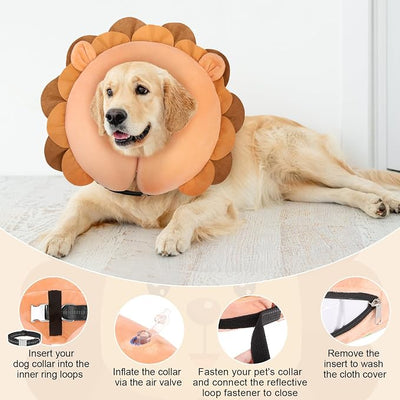 BEAUTYZOO Dog Cone Alternative After Surgery for Large Medium Small Dogs, Soft Inflatable Cone Collar for Dogs Cats, Pet Neck Donut E Collar Dog Recovery Collars to Stop Licking, Lion, S