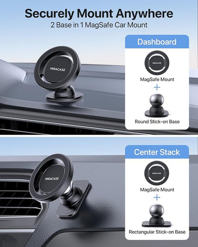 Miracase Latest Upgrade for MagSafe Car Mount [33+LBS Strong Suction & 2200gf Magnetic] Small Phone Holders for Your Car Dashboard, 360° Adjustable Car Phone Holder Mount for iPhone Garmin GPS