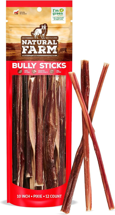 Natural Farm Pixie Bully Sticks (10 Inch, 12 Pack), Pet Pizzle Chew, Extra-Thin Pet Treats - Grain-Free, High Protein, Best Rawhide Alternative for Small, Puppies or Senior Dogs