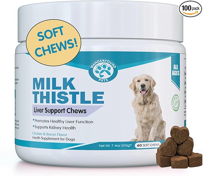 Wanderfound Pets Milk Thistle for Dogs – Tasty Salmon & Bacon Flavored Natural Liver Support for Pets – Kidney Cleanse Detox & Repair Formula Manufactured in the USA – Soft Chew Treats