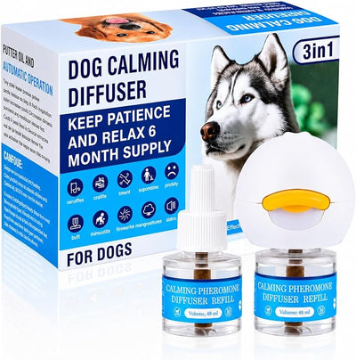 Dog Calming Diffuser, Dog Pheromones Calming Diffuser for Anxiety Relief, Plug in & 2 Refills, Covers 700 Sq Ft, Pheromone Diffuser for Dogs Reduces Barking Chewing Stress Separation Anxiety