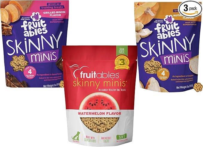 Fruitables Skinny Minis Dog Treats Grilled Bison, Watermelon, Rotisserie Chicken - Variety 3 Pack 5 oz