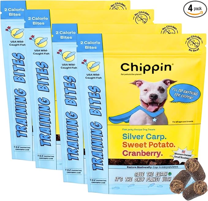 Chippin Low Calorie Training Treats for Dogs & Puppies, Reward Confidently with Real Fish & Sweet Potato Soft Mini Bites, Healthy, Natural, 2 Calories Each, No Chicken, 4 Pack