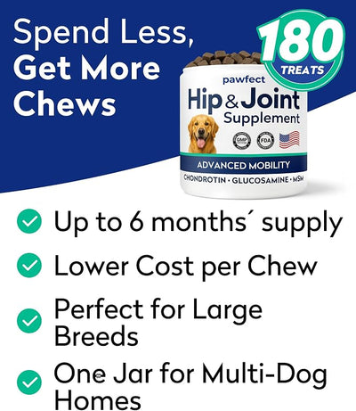 Advanced Glucosamine Dog Joint Treats, Mobility, Chicken Flavor, 180Ct | Vet-Approved. Made in USA. Joint Support w/Chondroitin, MSM, Omega-3. For Picky Eaters. Joint Pain Relief, Advanced Formula